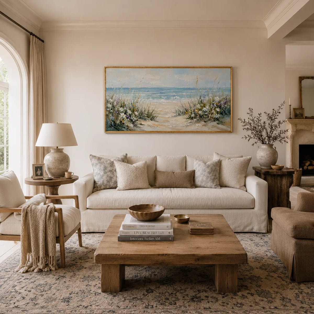 Dune Path Coastal Wall Art styled in a modern living room | Olyrel