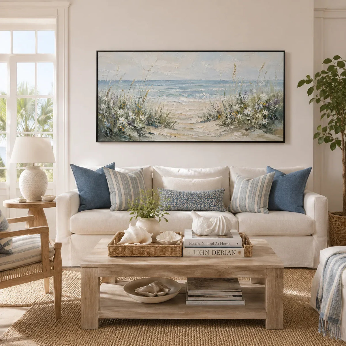 Dune Path Coastal Wall Art displayed above a sofa in a neutral interior | Olyrel