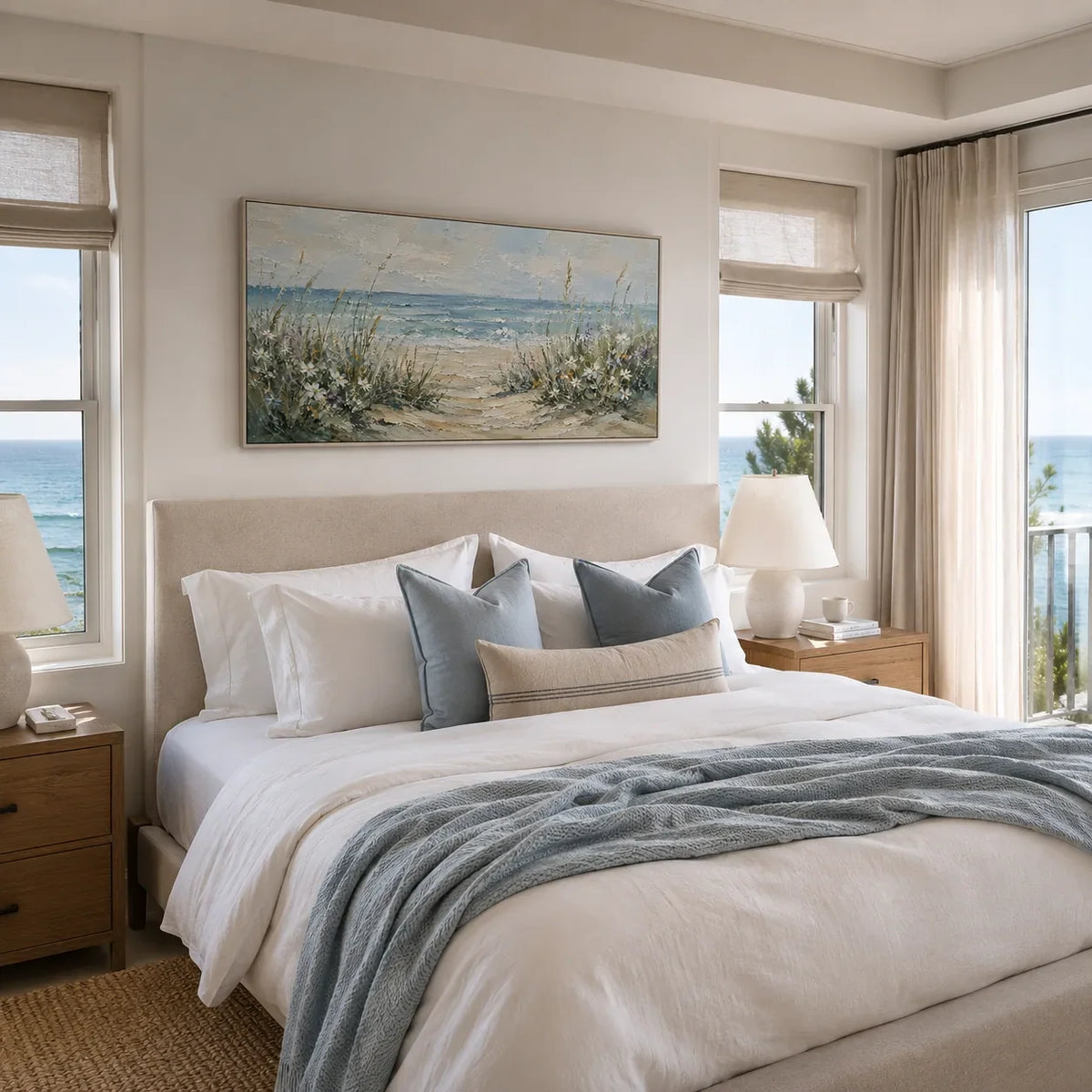 Dune Path Coastal Wall Art shown in a calm bedroom setting | Olyrel