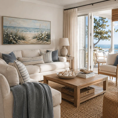 Dune Path Coastal Wall Art styled with minimal interior decor | Olyrel