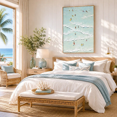Aqua Swimmers Coastal Wall Art styled in a modern living room | Olyrel