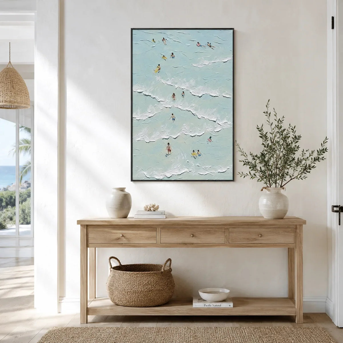 Aqua Swimmers Coastal Wall Art displayed above a sofa in a neutral interior | Olyrel