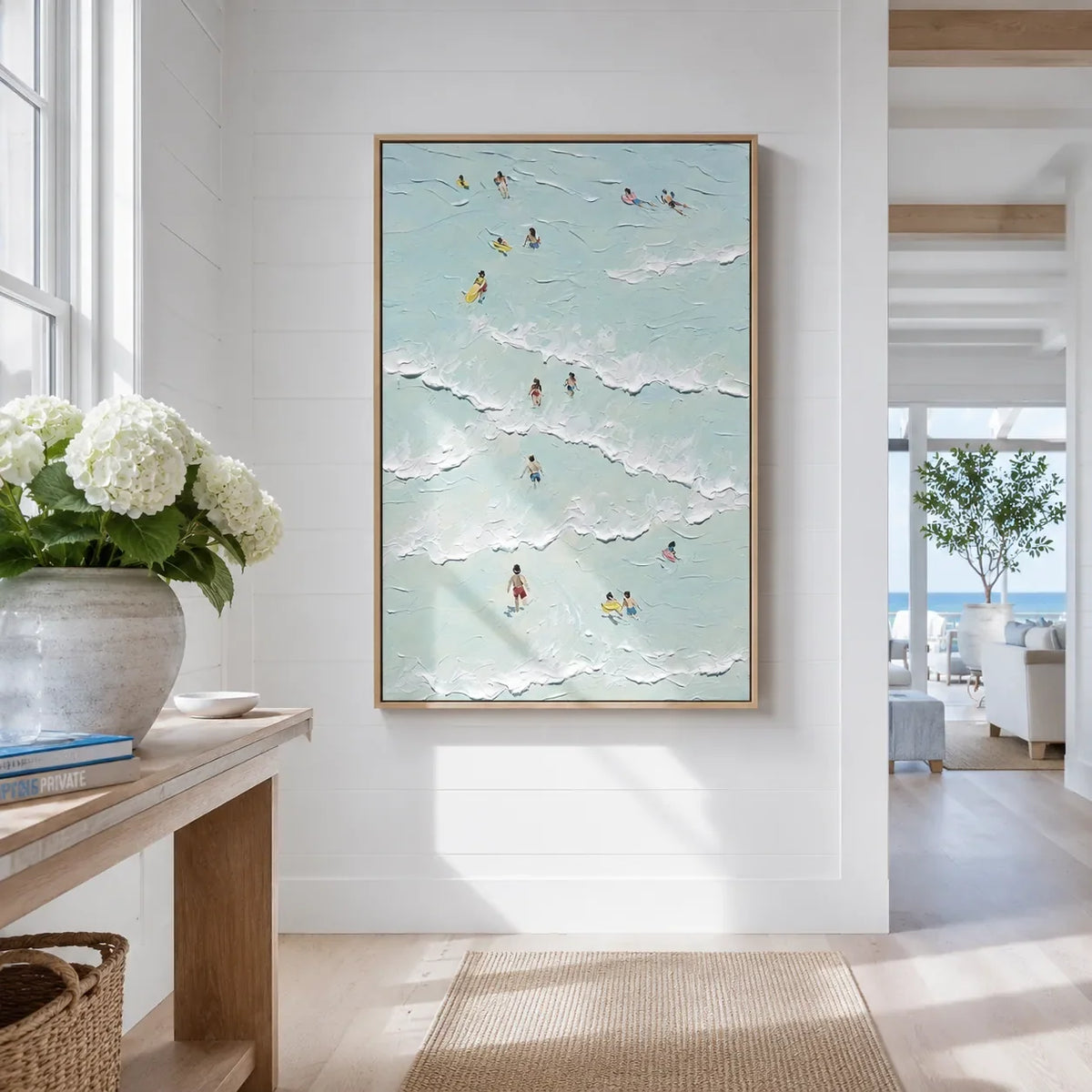 Aqua Swimmers Coastal Wall Art shown in a calm bedroom setting | Olyrel