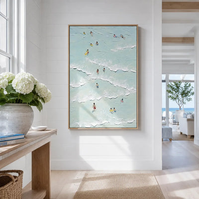 Aqua Swimmers Coastal Wall Art shown in a calm bedroom setting | Olyrel