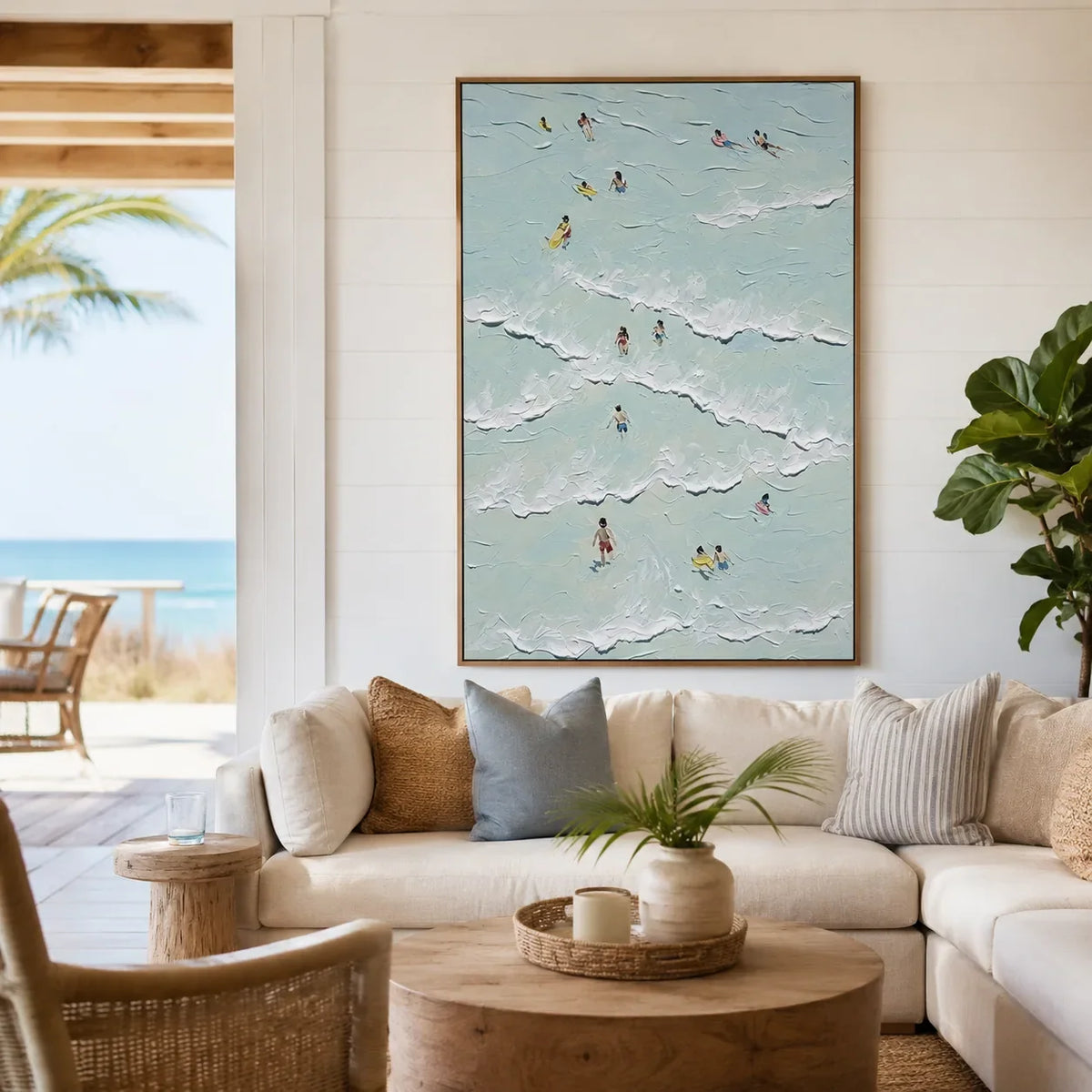 Aqua Swimmers Coastal Wall Art styled in a contemporary entryway | Olyrel