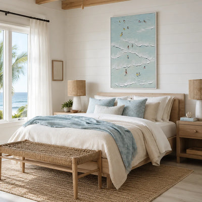 Aqua Swimmers Coastal Wall Art shown in a calm bedroom setting | Olyrel