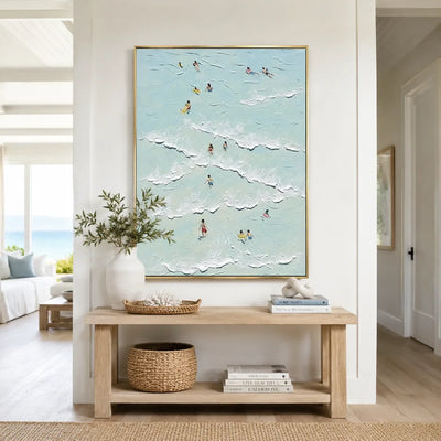Aqua Swimmers Coastal Wall Art styled with minimal interior decor | Olyrel