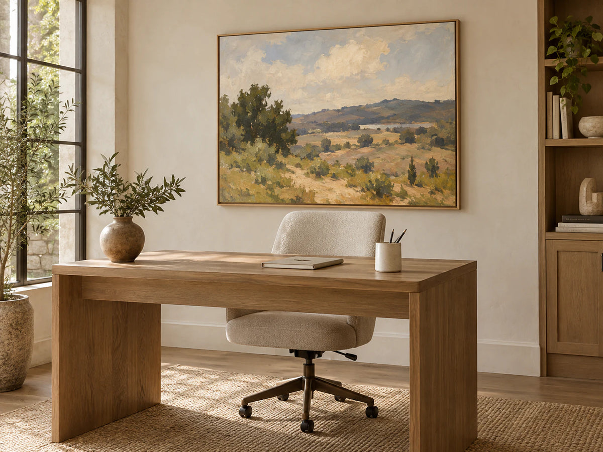 Home office interior featuring a hand-painted artwork