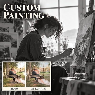 Custom painting by Olyrel — artist at work with a wedding photo-to-oil-painting example