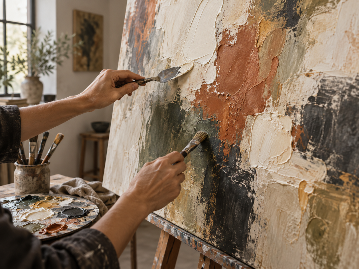 Artist applying textured oil paint to an abstract canvas by hand in the studio