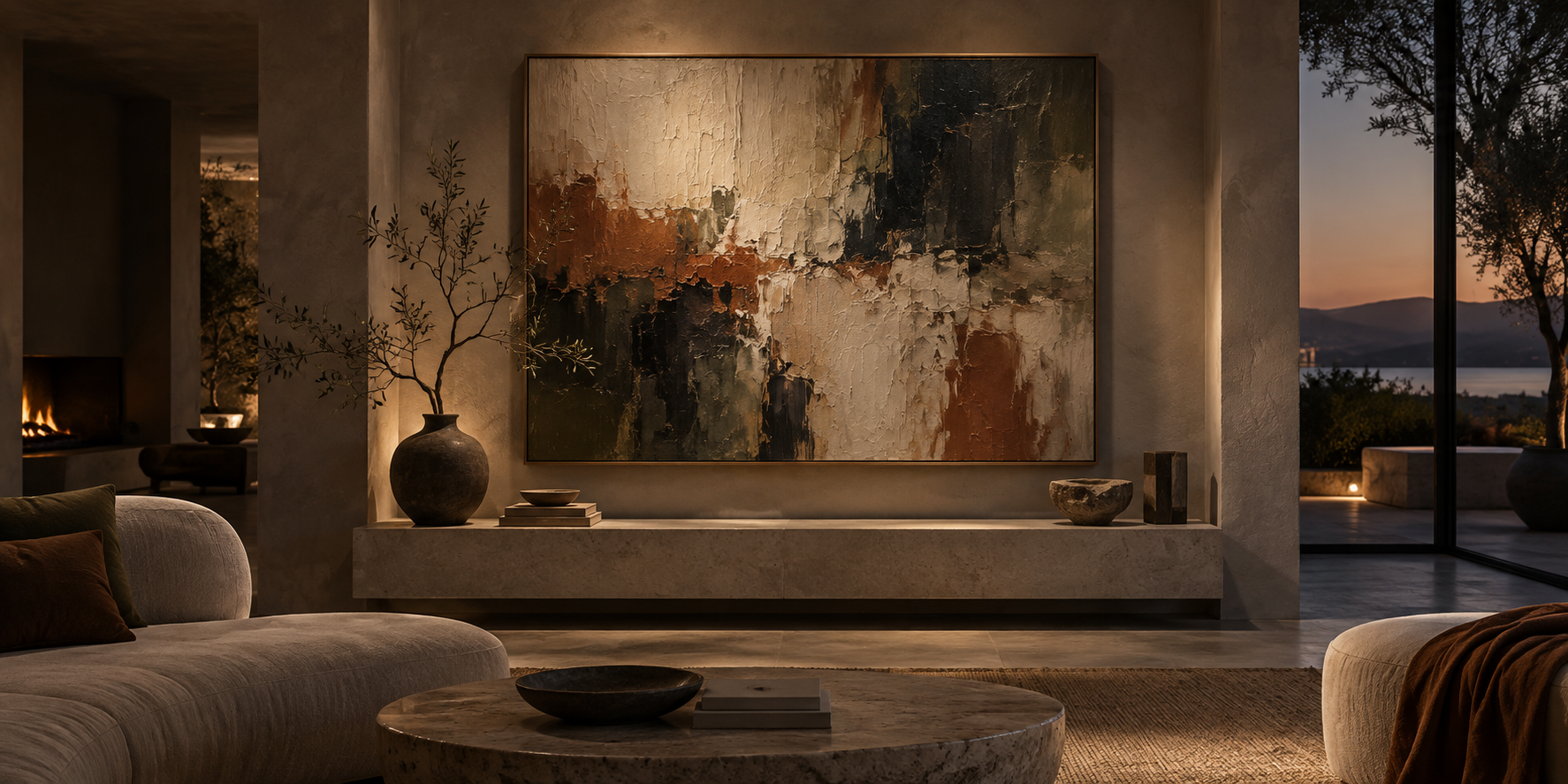 Warm evening interior with a statement hand-painted abstract oil artwork