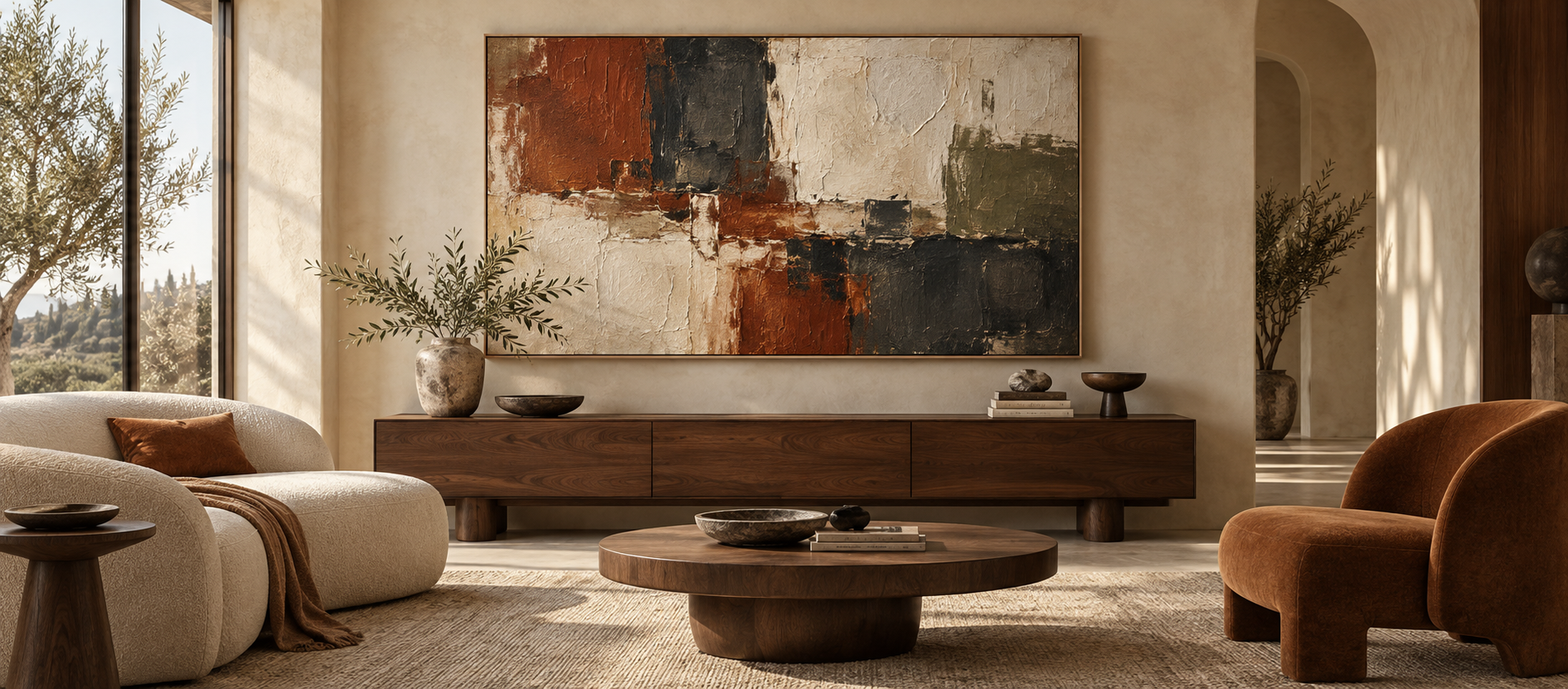 Framed hand-painted abstract oil artwork in a warm, considered living room